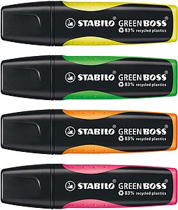 Fabricado en un 83% con plásticos reciclados Color verde Marcador fluorescente ecológico STABILO GREEN BOSS Caja con 10 unidades 